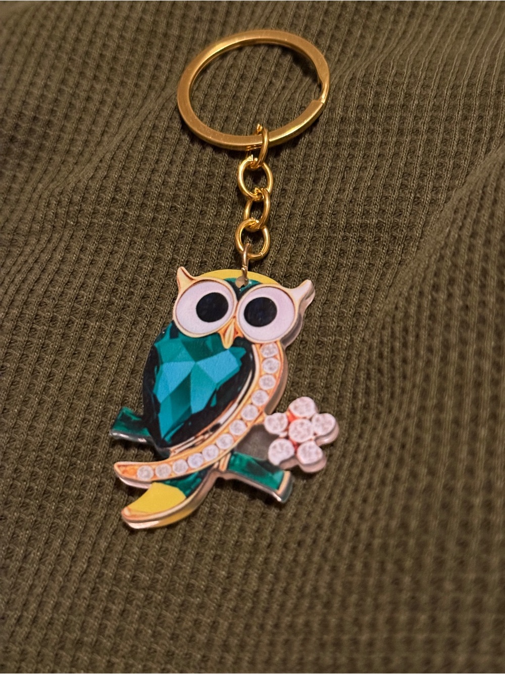 Gold-Tone Teal Owl Keychain with Crystal Accents